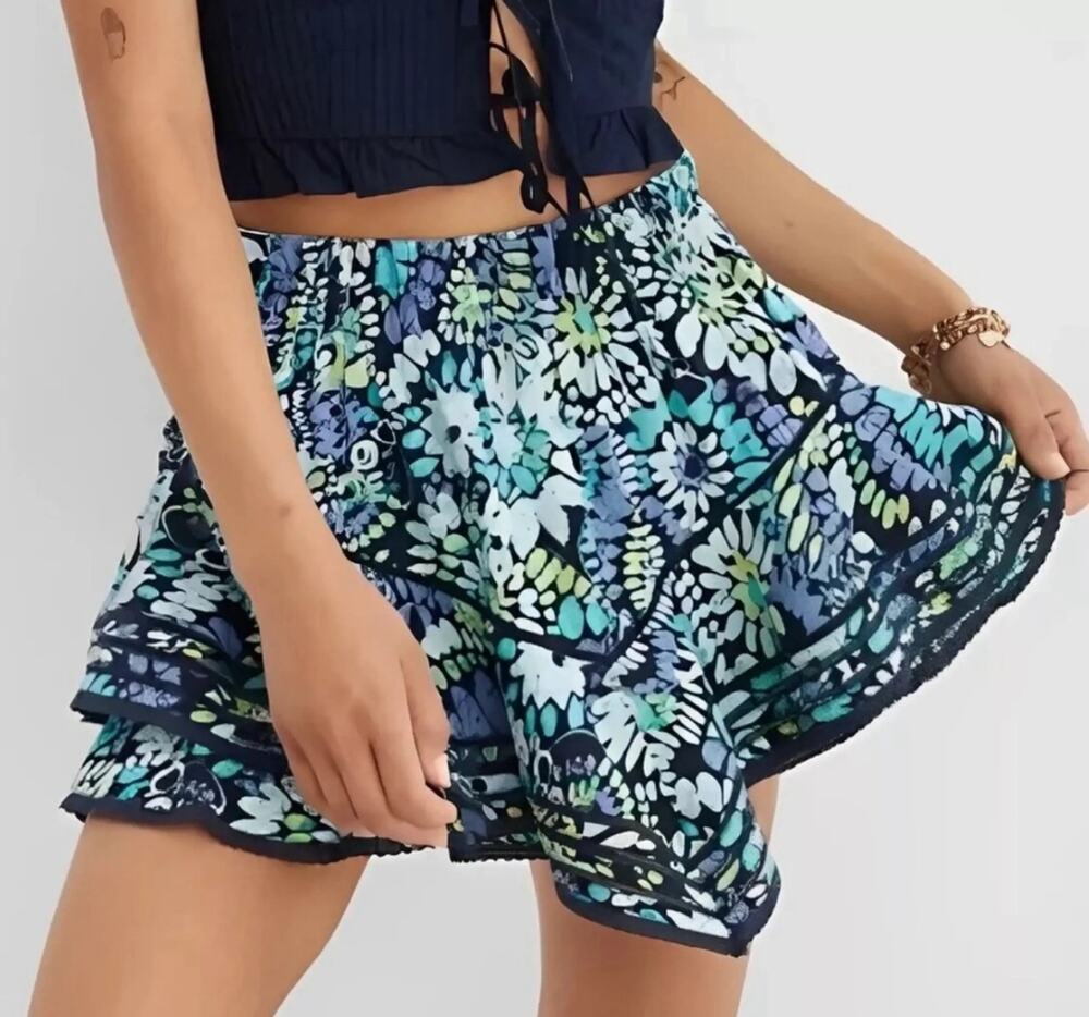 NWT Aerie Floral Lace Tiered Ruffle Skort Size XS Blue Coquette Fairy Y2K